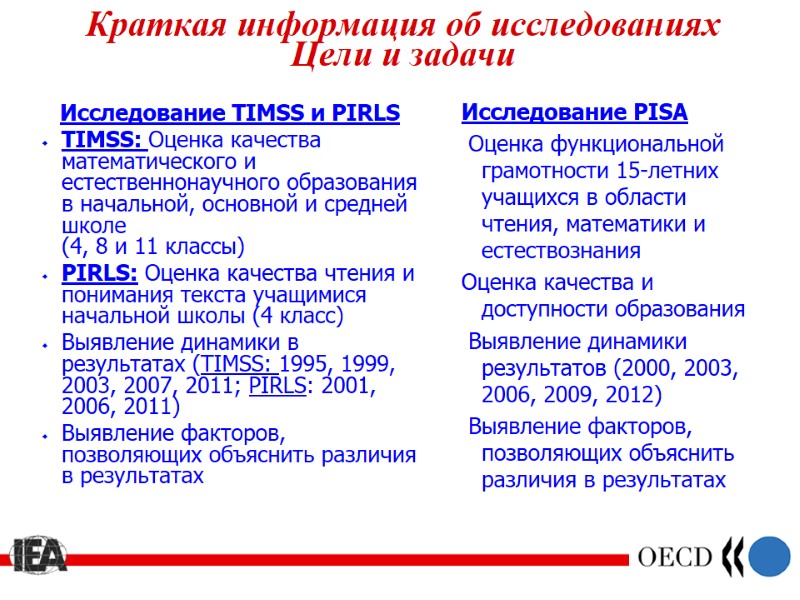 Краткая информация об исследованиях Цели и задачи    Исследование TIMSS и PIRLS